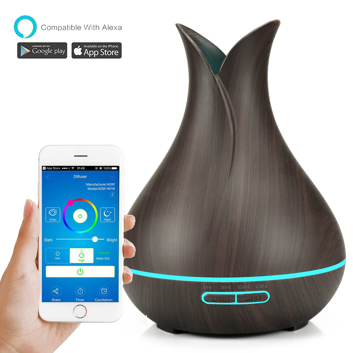 Smart WiFi 400ml Aroma Diffuser with Alexa Control & 7-Color LED Light