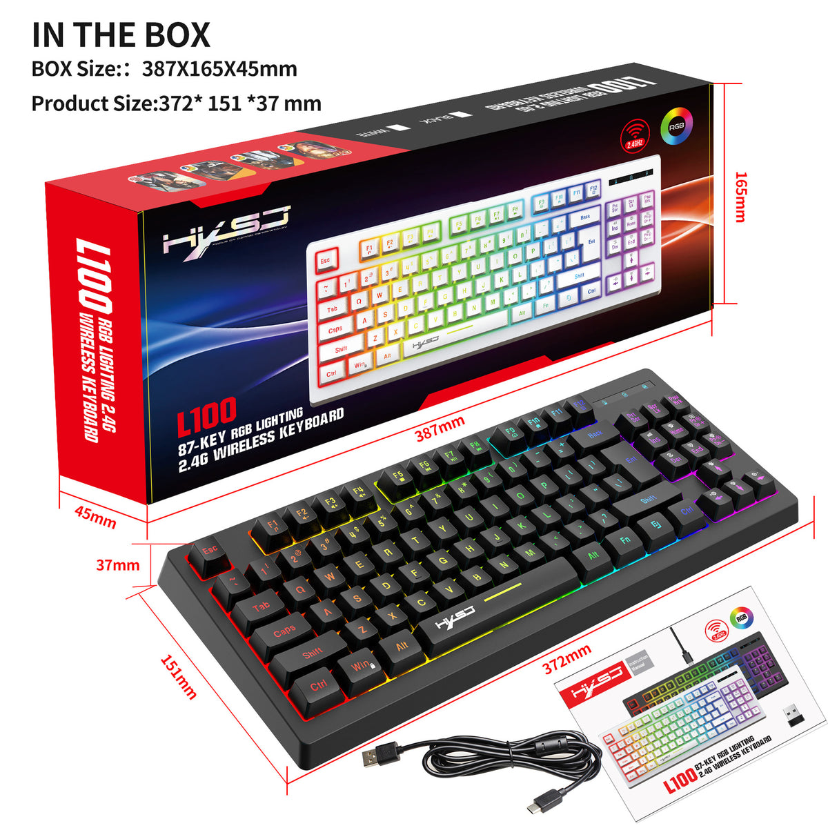 L100 87-Key RGB Wireless Gaming Keyboard – 2.4GHz Rechargeable