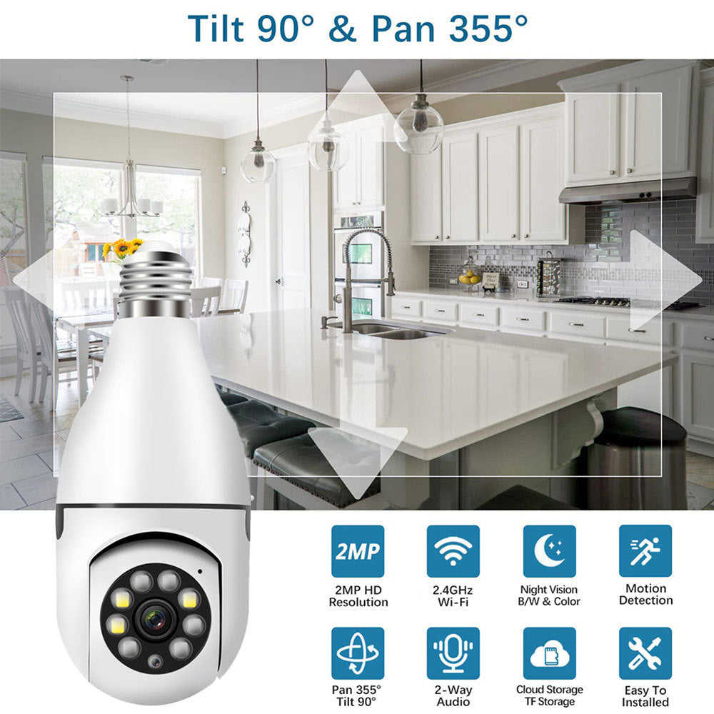 2MP Smart Wi-Fi Bulb Security Camera – Auto Tracking, Night Vision & Pan/Tilt