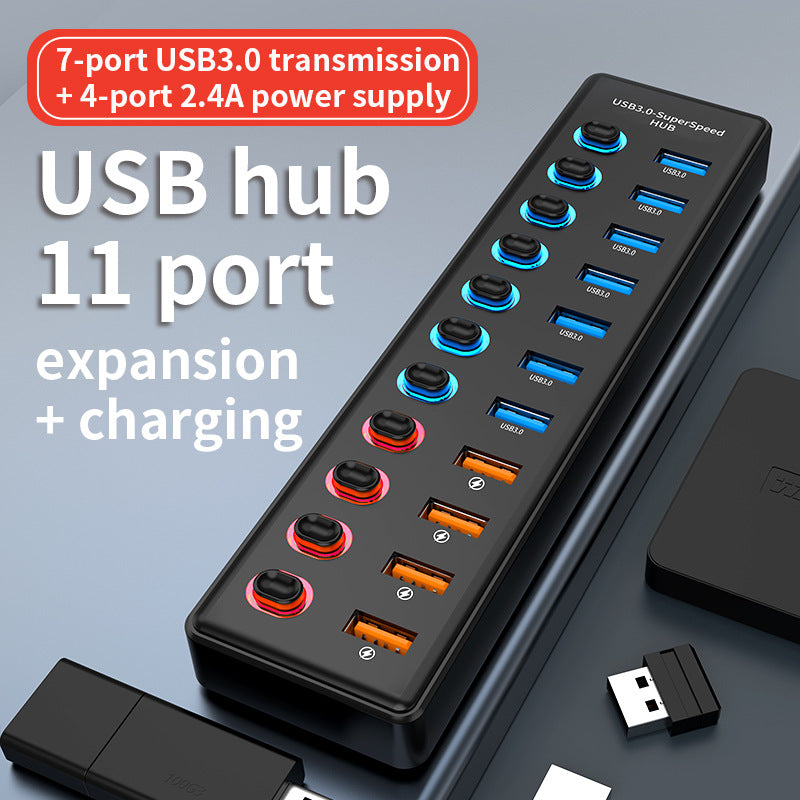 11-Port Powered USB 3.0 Hub with Individual Switches