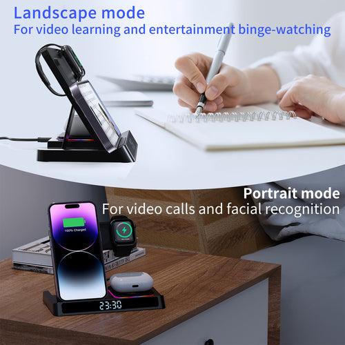 4-in-1 Foldable Wireless Charging Station with Digital Clock